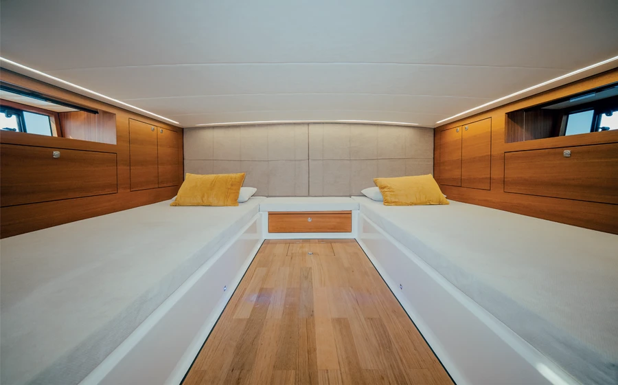 Interior cabin with wooden finishes and upholstered seating